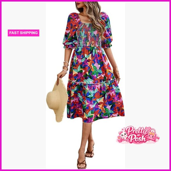 Dresses & Skirts - Polyester Puff Sleeve Square Neck A Line Midi Dress